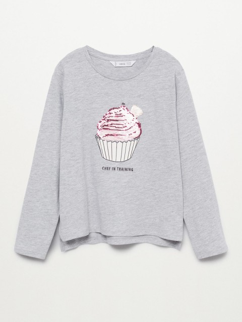 

Mango Kids Girls Grey Melange & White Conversational Print Sequined T-shirt