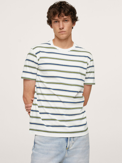 

MANGO MAN Men White & Blue Pure Cotton Striped T-shirt