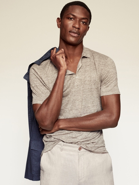 

MANGO MAN Beige Polo Collar Linen T-shirt