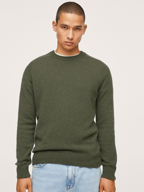

MANGO MAN Men Olive Green Solid Pullover