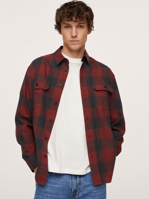 

MANGO MAN Men Maroon & Black Pure Cotton Buffalo Checked Shirt