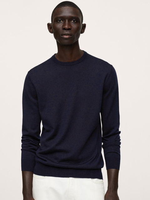

MANGO MAN Navy Blue Pure Wool Solid Pullover