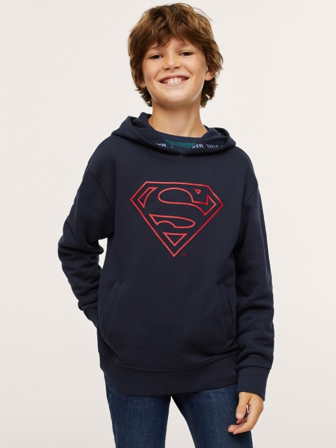 

Mango Kids Boys Navy Blue & Red Pure Cotton Superman Print Hooded Sweatshirt