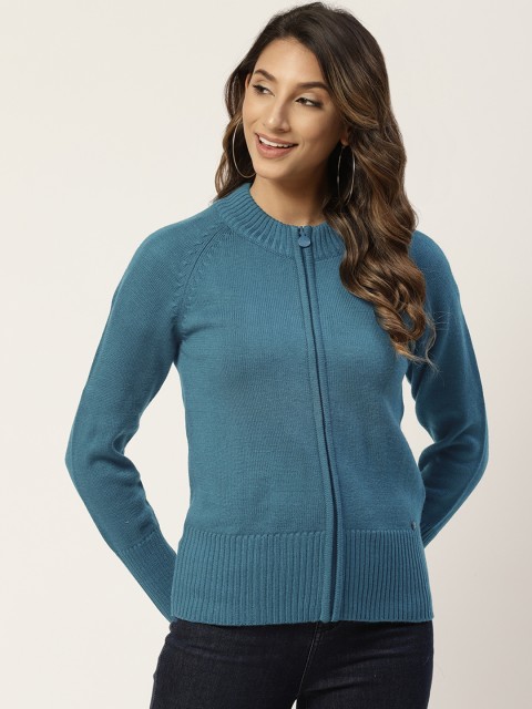 

Madame Women Teal Blue Solid Front-Open Sweater