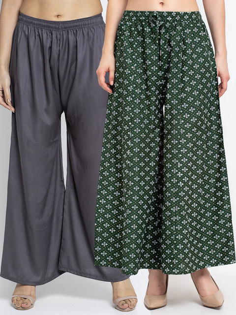 

GRACIT Set-2 Women Grey & Green Floral Printed Flared Knitted Ethnic Palazzos
