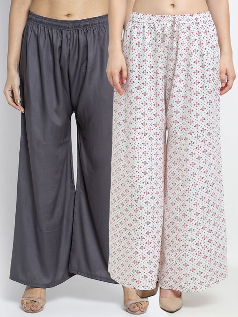 

GRACIT Women Pack Of 2 Grey & White Floral Printed Flared Knitted Ethnic Palazzos