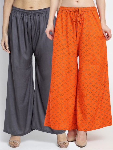 

GRACIT Women Pack Of 2 Grey & Orange Floral Printed Flared Knitted Ethnic Palazzos