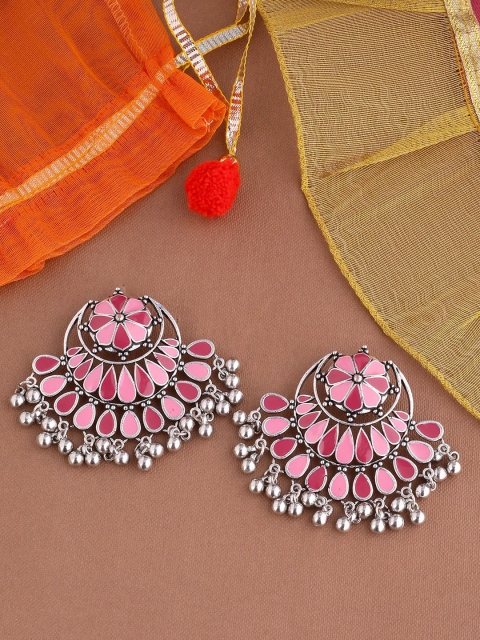 

Studio Voylla Silver-Toned & Pink Crescent Shaped Chandbalis Earrings