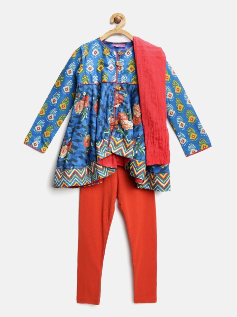 

Biba Girls Blue & Orange Printed Anarkali Churidar Kurta with Dupatta