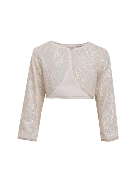 

A Little Fable Girls White Striped Embellished Crop Shrug