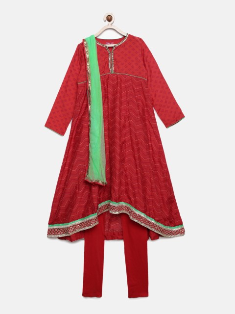 

Biba Girls Red & Green Printed Kurta with Churidar & Dupatta