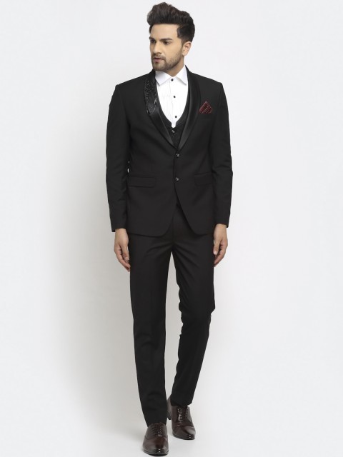 

LUXURAZI Men Black Solid Single-Breasted Three-Piece Suit