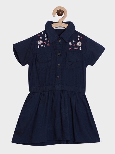 

Nuberry Girls Blue Embroidered Pure Cotton A-line Dress