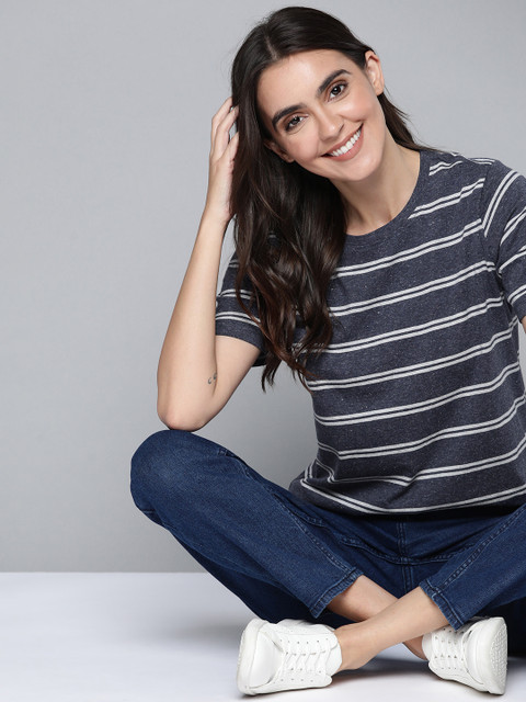 

Mast & Harbour Women Navy Blue & Grey Melange Striped Pure Cotton T-shirt