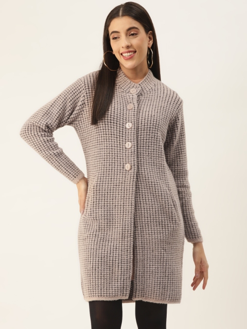 

BROOWL Women Tan-colored & Black Woolen Checkered Longline Coat