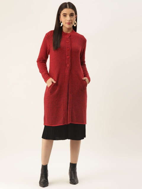 

BROOWL Women Red & Black Woolen Checkered Longline Coat