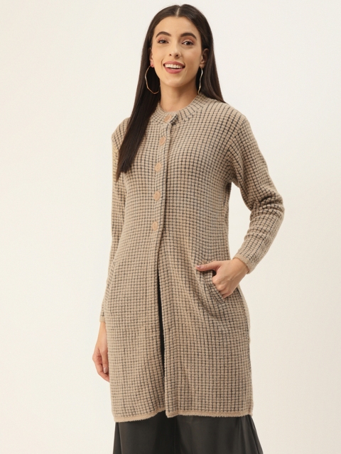 

BROOWL Women Beige & Black Woolen Checkered Longline Coat
