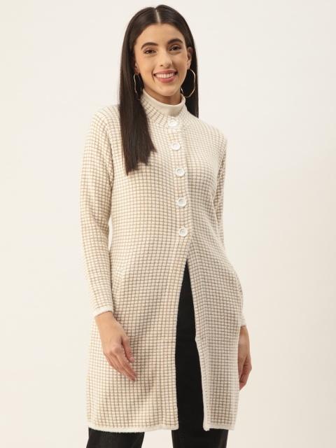 

BROOWL Women Cream & Beige Woolen Checkered Longline Coat