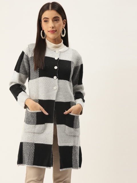 

BROOWL Women Black & White Colourblocked Wool Longline Cardigan
