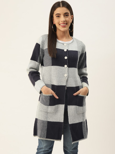 

BROOWL Women Navy Blue & White Colourblocked Wool Longline Cardigan