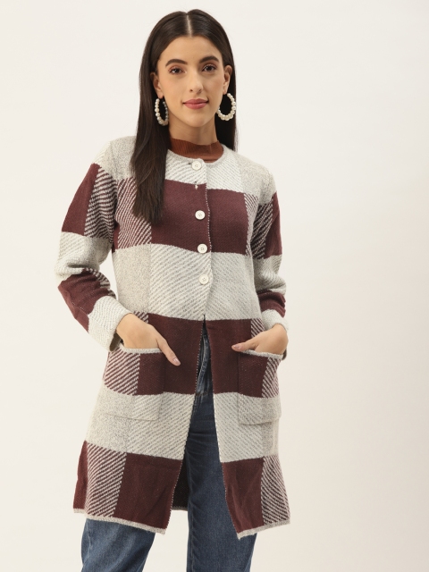 

BROOWL Women Maroon & White Colourblocked Longline Cardigan