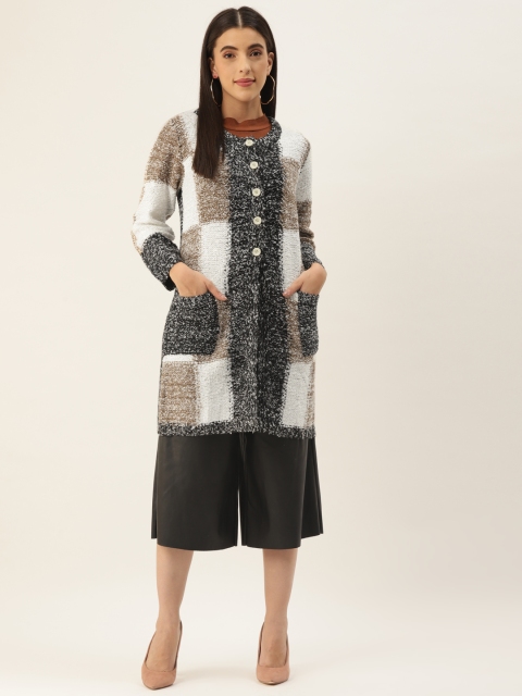 

BROOWL Women Beige & White Colourblocked Wool Longline Cardigan