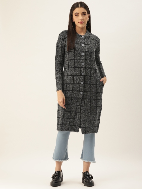 

BROOWL Women Black Checkered Longline Coat