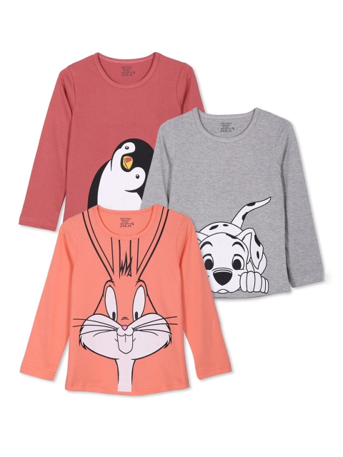 

minnow Girls Pack Of 3 Peach-Coloured & Grey Cotton Printed T-shirt