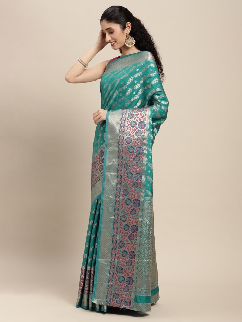 

SANGAM PRINTS Blue Floral Zari Pure Silk Saree