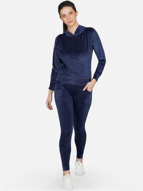 

NEU LOOK FASHION Women Navy Blue Solid Slim Fit Hooded Velvet Tracksuit