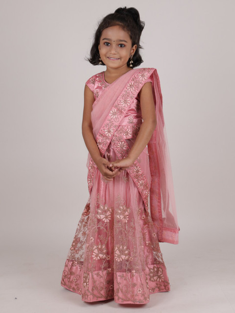 

Pothys Girls Mauve & Gold-Toned Embroidered Ready to Wear Lehenga & Blouse With Dupatta