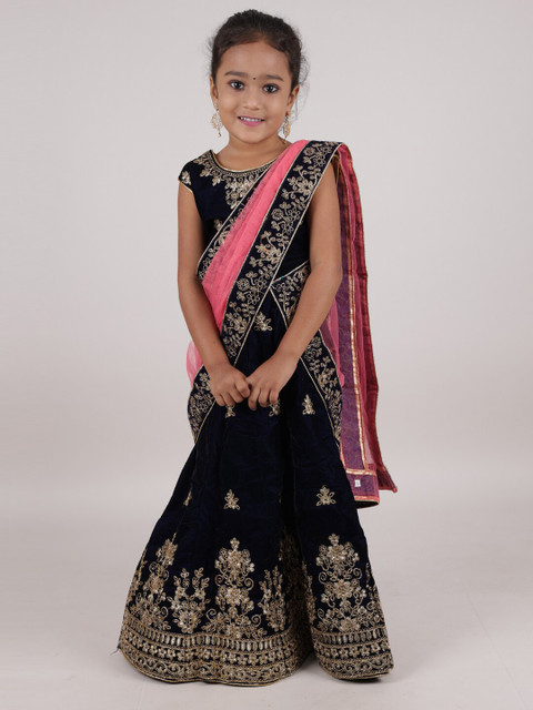 

Pothys Girls Navy Blue & Gold-Toned Embroidered Zardozi Ready to Wear Lehenga & Blouse With Dupatta