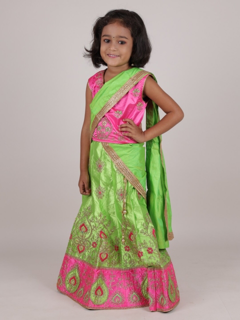 

Pothys Girls Pink & Green Embroidered Ready to Wear Lehenga & Blouse With Dupatta