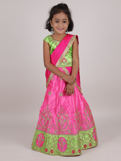 

Pothys Girls Green & Pink Embroidered Zardozi Ready to Wear Lehenga & Blouse With Dupatta