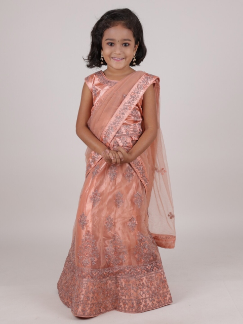 

Pothys Girls Peach-Coloured Embroidered Ready to Wear Lehenga & Blouse With Dupatta