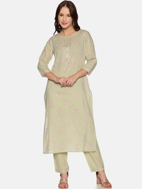 

Palakh Women Off White Ethnic Motifs Printed Regular Pure Cotton Kurti with Trousers