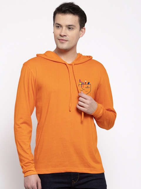 

Friskers Men Orange Hooded Cotton T-shirt