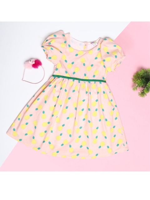 

ZION Girls Peach-Coloured & Yellow Conversational Printed Pure Cotton Fit & Flare Dress