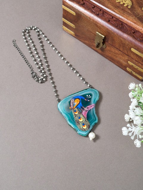

Golden Peacock Multicoloured Hand Painted Peacock Design Necklace, Multi