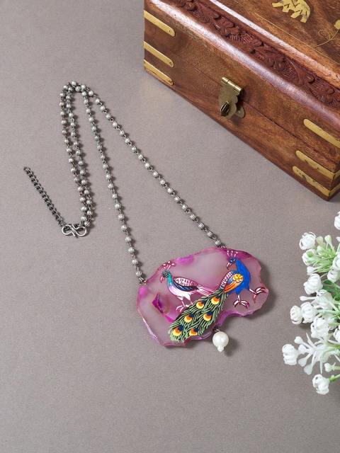 

Golden Peacock Silver-Toned & Pink Peacock Hand Painted Necklace