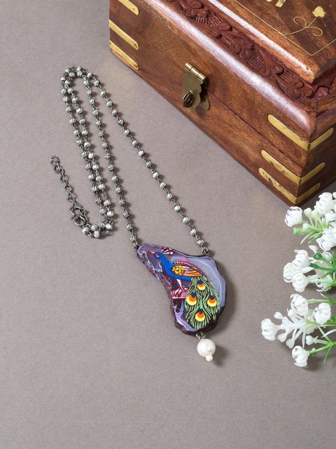 

Golden Peacock Blue & Green Hand Painted Necklace
