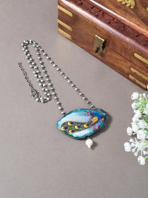 

Golden Peacock Silver-Toned & Blue Hand Painted Necklace