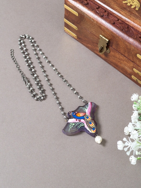 

Golden Peacock Silver-Toned & Pink Hand Painted Necklace