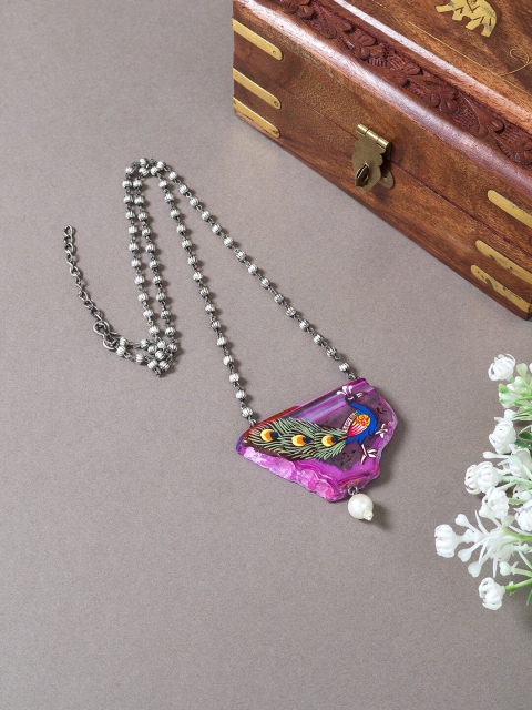 

Golden Peacock Silver-Toned & Pink Peacock Design Hand Painted Necklace
