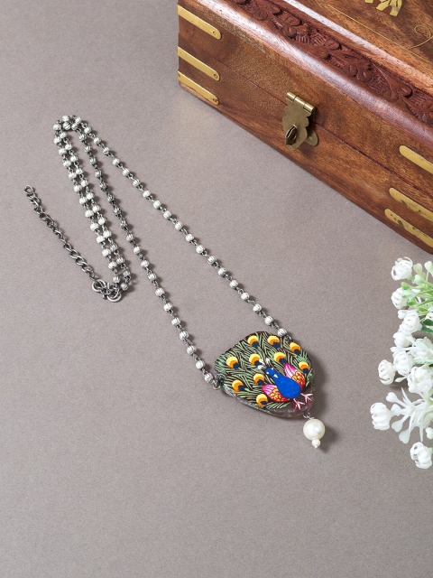 

Golden Peacock Green & Blue Hand Painted Necklace