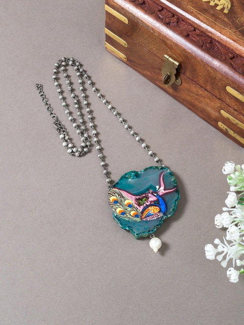 

Golden Peacock Blue & Green Hand Painted Necklace