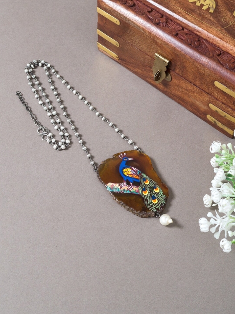 

Golden Peacock Silver-Toned & Brown Hand Painted Necklace