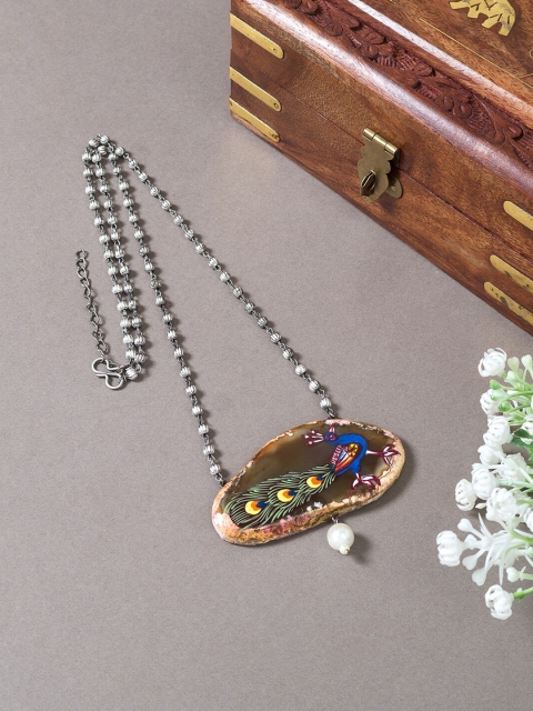 

Golden Peacock Blue & Green Peacock Design Hand Painted Necklace