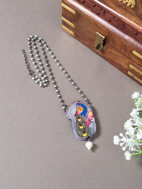 

Golden Peacock Silver-Toned & Blue Peacock Hand Painted Necklace