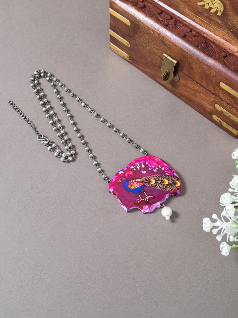 

Golden Peacock Pink & Silver-Toned Hand Painted Peacock Design Necklace